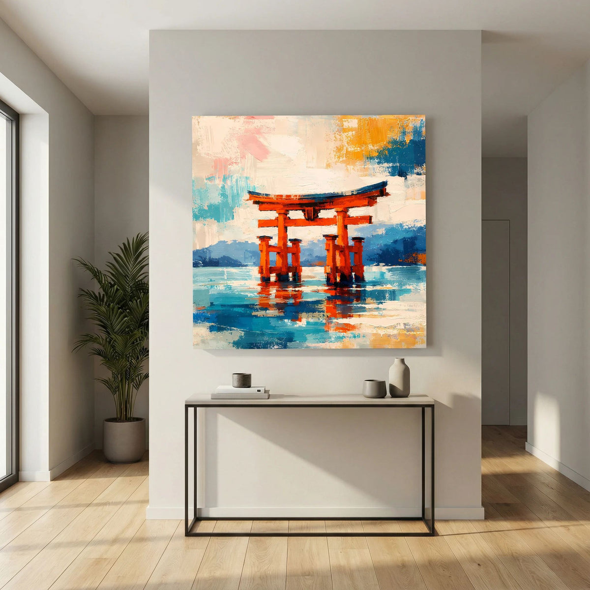 Abstraktes Leinwandbild mit Torii-Tor in Orange und blau-türkisfarbenen Wasserreflexen