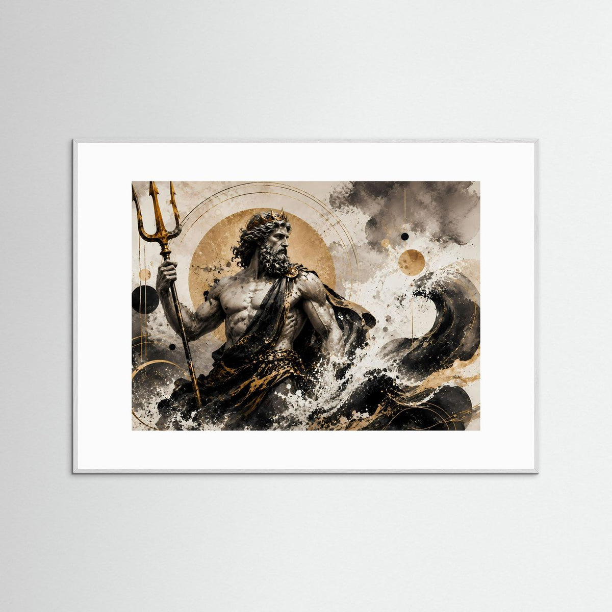 Poster mit Poseidon im Schwarz-Gold-Look, Dreizack, in grauem Rahmen (Querformat).