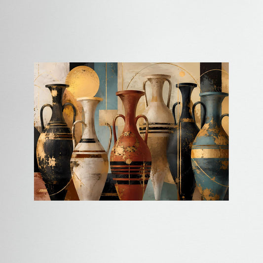 Abstraktes Vasen-Poster im Querformat: mehrere Keramikvase-Illustrationen in Gold, Blau, Rot