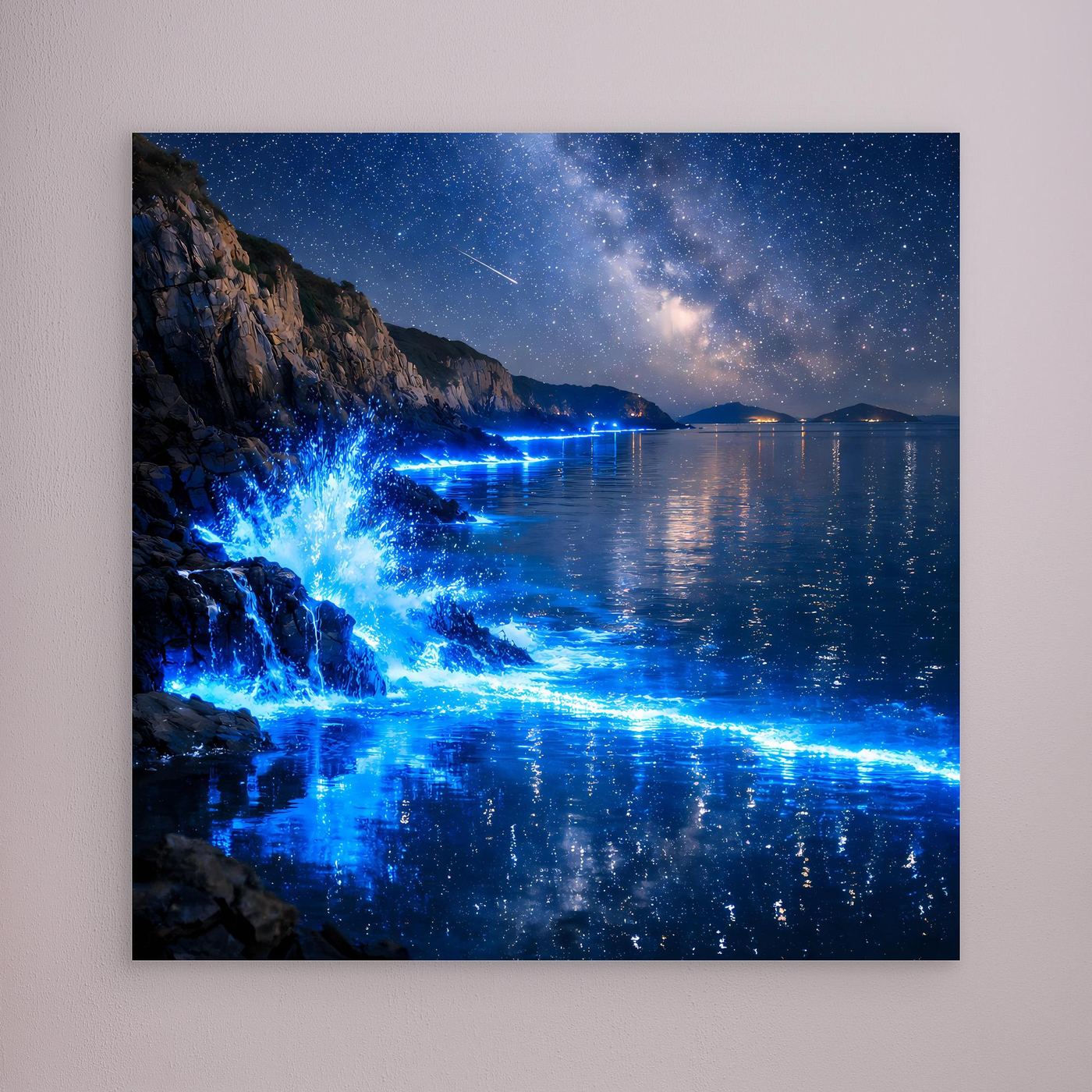 Leinwandbild mit blauem Meeresleuchten, Sternenhimmel und Wasserreflexen ohne sichtbaren Rahmen