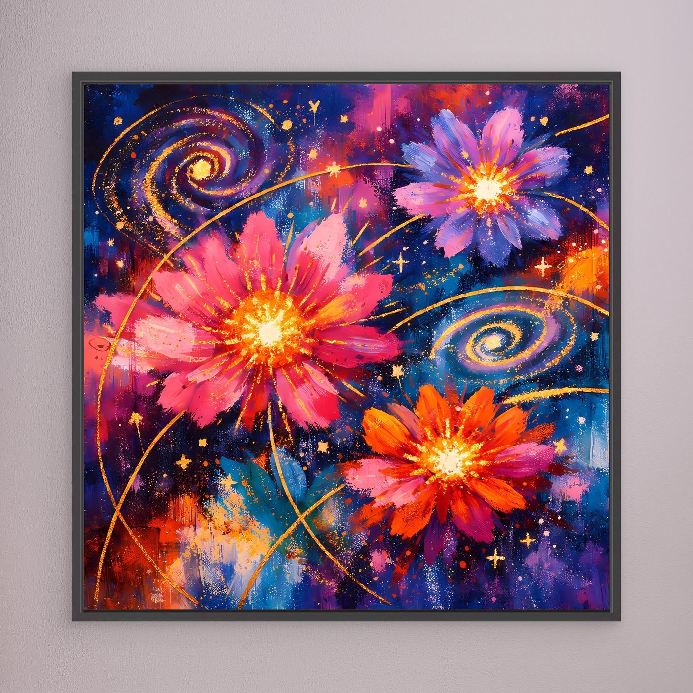 Wandbild mit rosa Blüten und leuchtenden Sternen, blau-violetter Farbverlauf, schwarz gerahmt