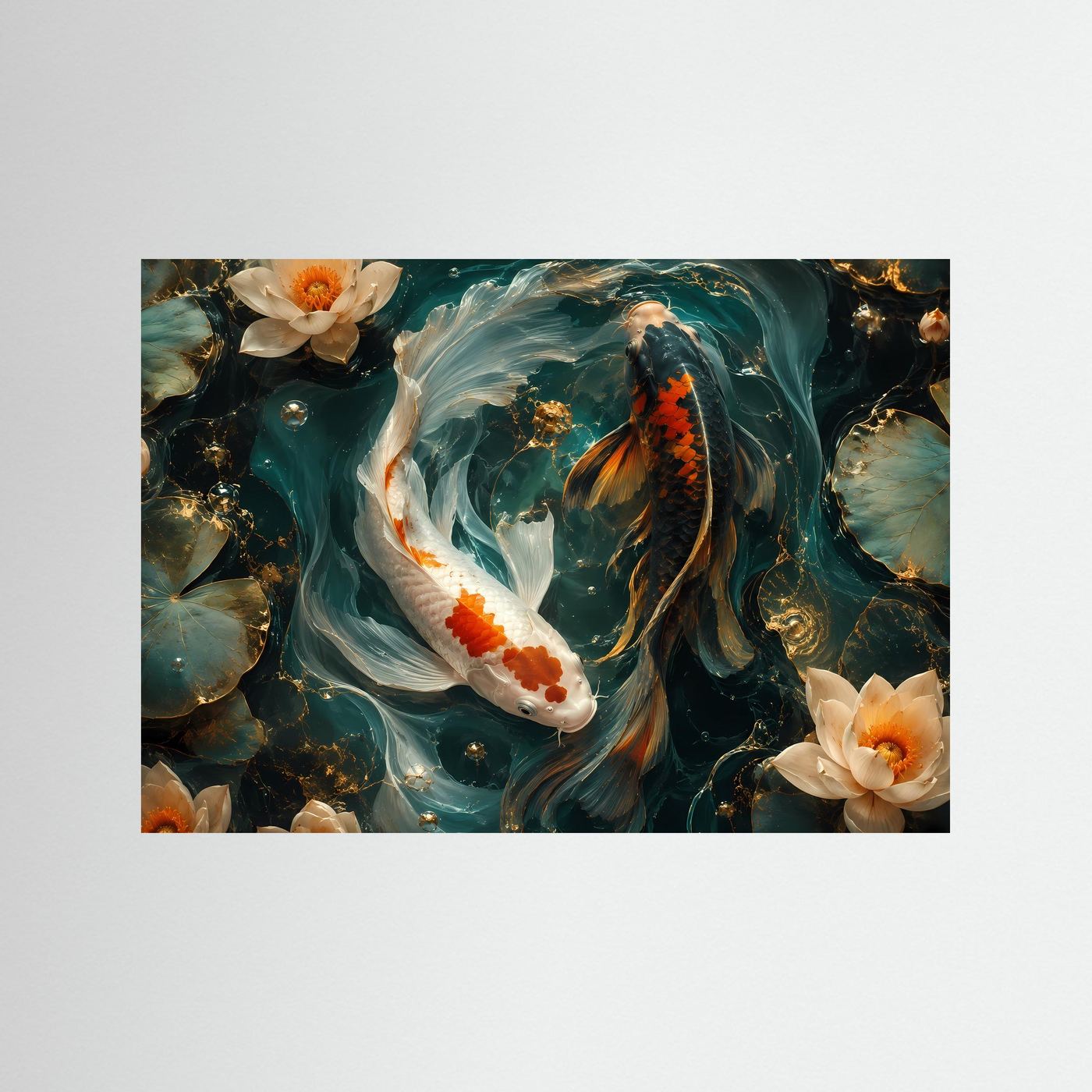 Yin Yang Koi Fische mit Lotusblüten | Elegantes Feng Shui Poster Querformat
