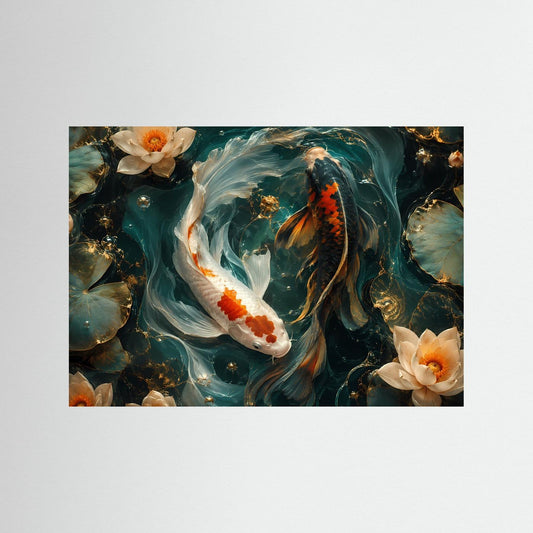 Feng-Shui-Poster mit zwei Koi-Fischen im Wasser und Lotusblüten, Querformat