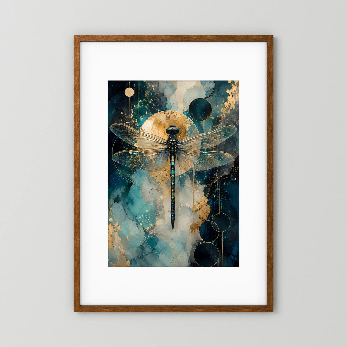 Gerahmtes Poster: goldene Libelle in Petrol und Blau auf hellem Hintergrund