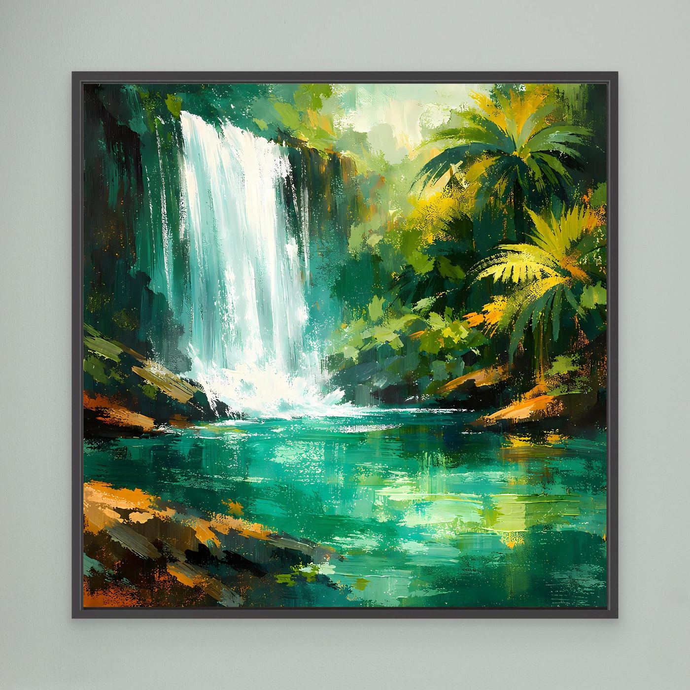 Leinwand Abstraktes Dschungel Wandbild mit Wasserfall | Modernes Natur Kunstwerk Grün