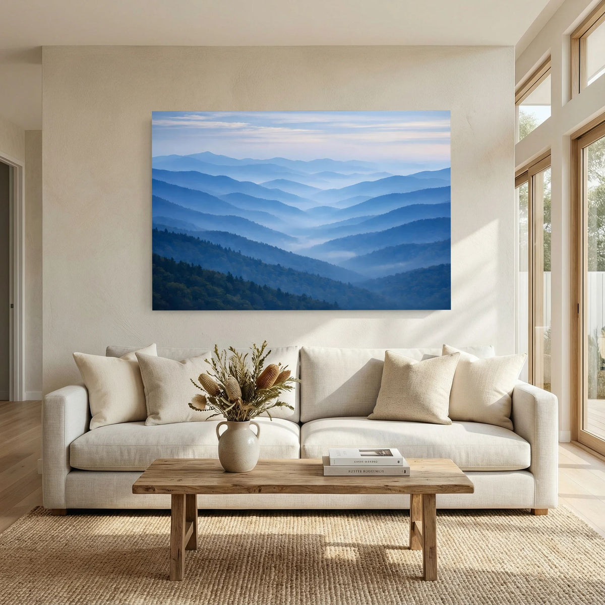 Wandbild im Querformat: neblige Berglandschaft mit tiefen blauen Ebenen