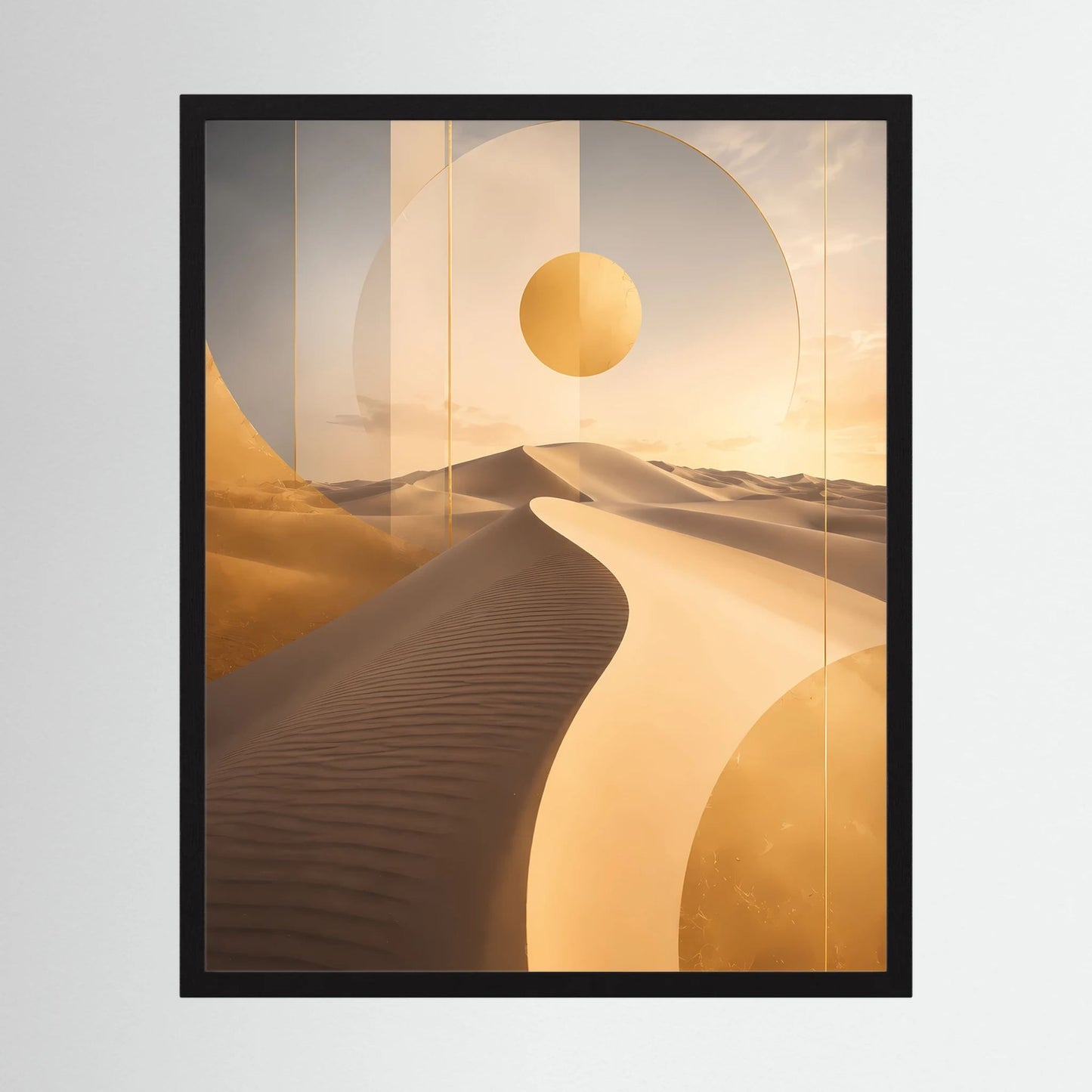 Gerahmtes Hochformat-Poster mit abstrakten Dünen, Sonne und goldenen Kreisen