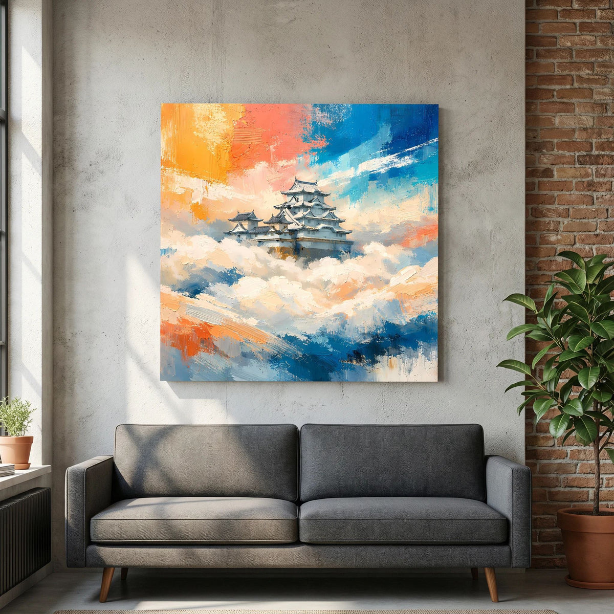 Rechteckiges Leinwandbild mit japanischer Burg über Wolken, farbige Wolken und Himmel.