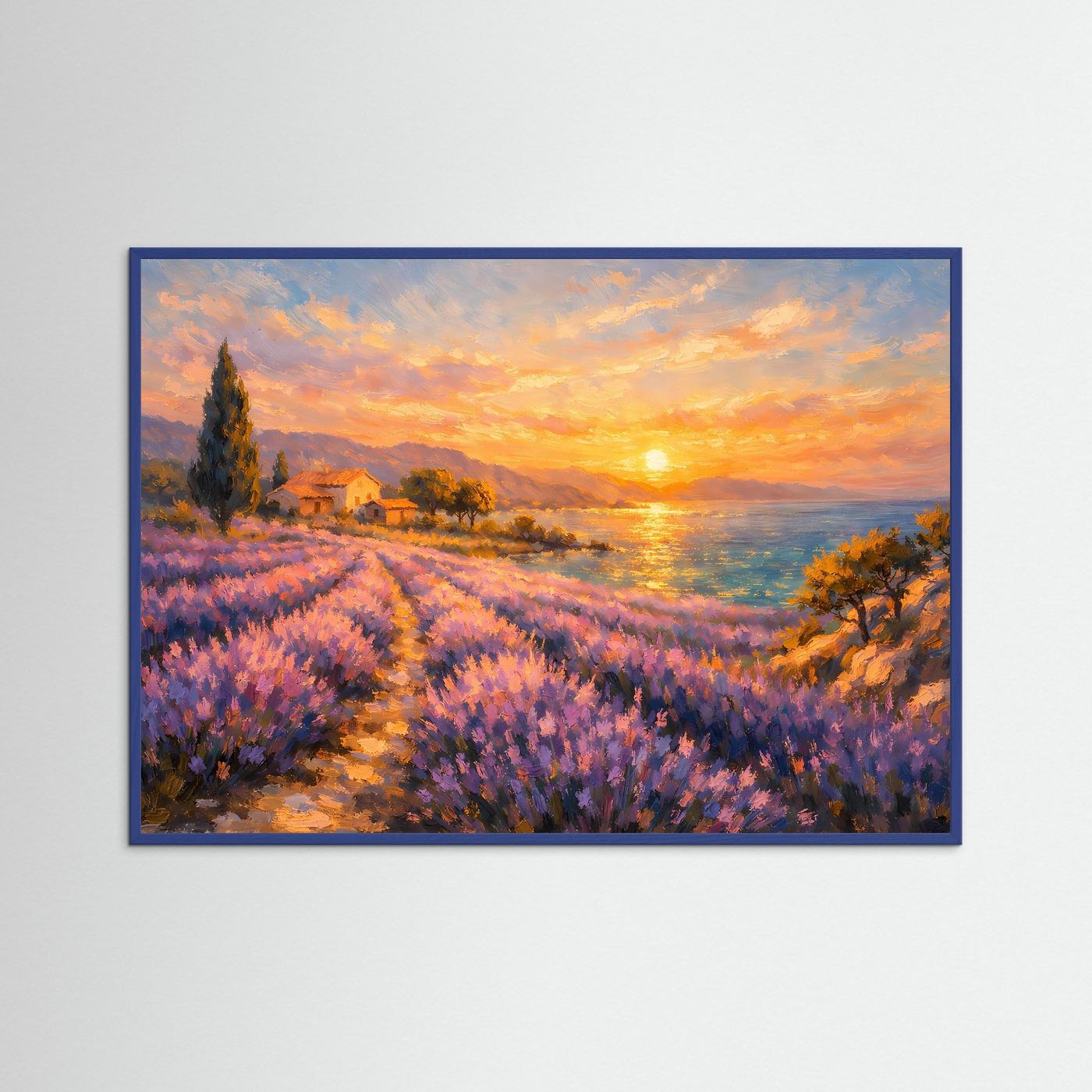 Malerisches Lavendelfeld am Meer bei Sonnenuntergang | Provence Landschaft Wandbild & Kunst Poster Querformat