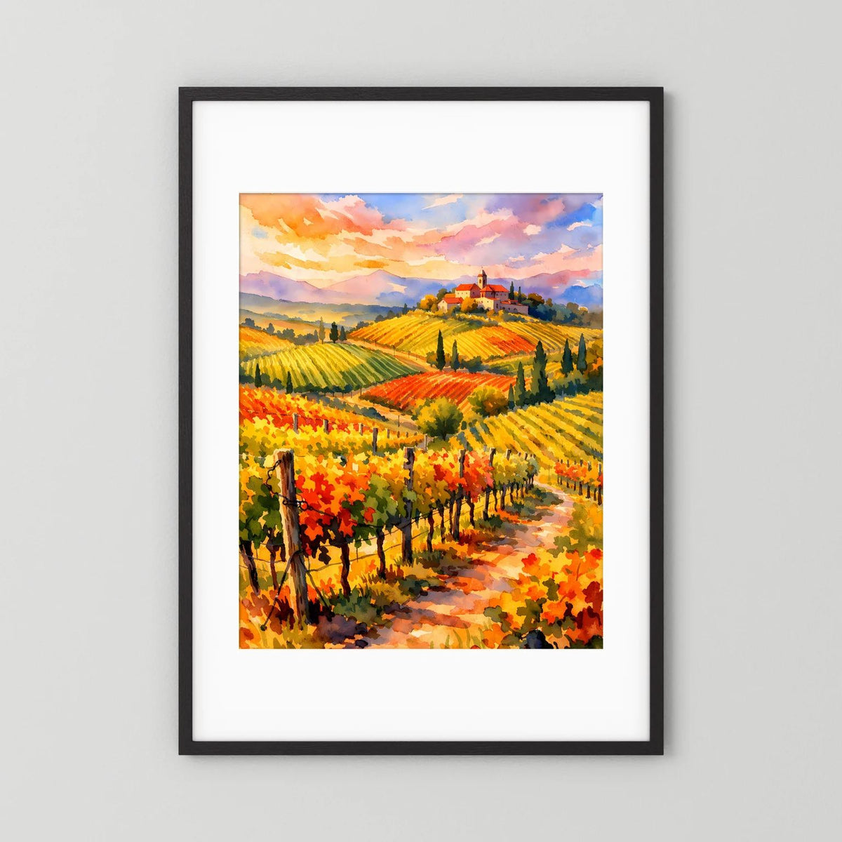 Hochformatiges Weinberg-Poster mit italienischer Landschaft, schwarzer Rahmen mit weißem Rand