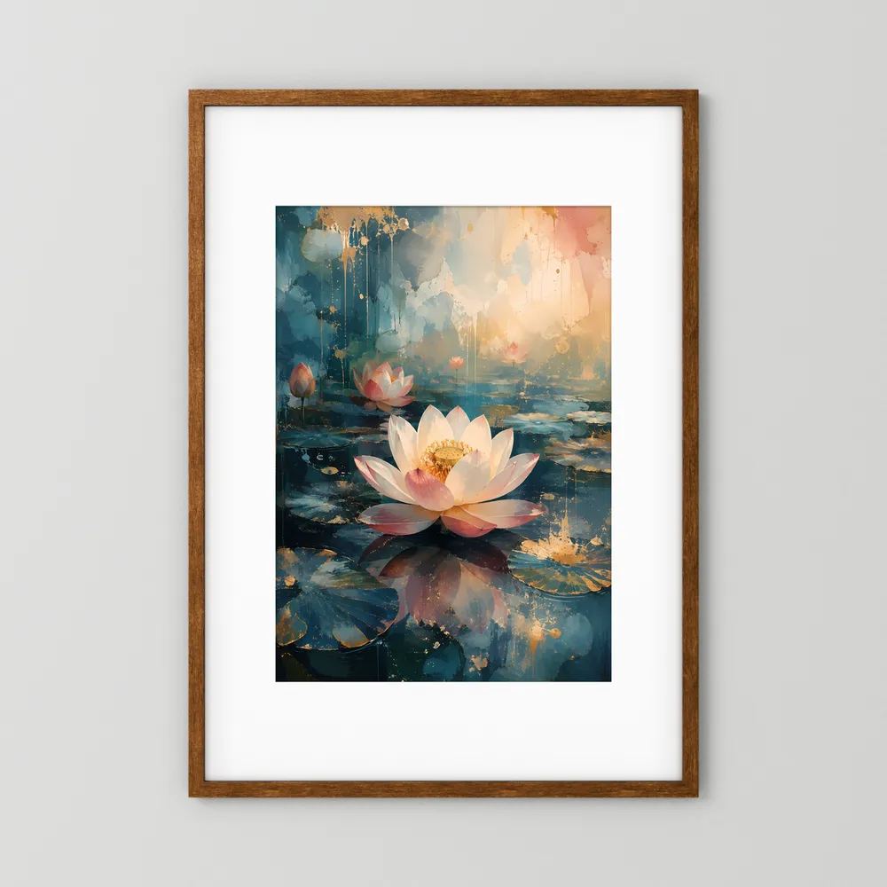 Lotusposter mit weißen Seerosen auf blau-goldenem Hintergrund, im braunen Holzrahmen