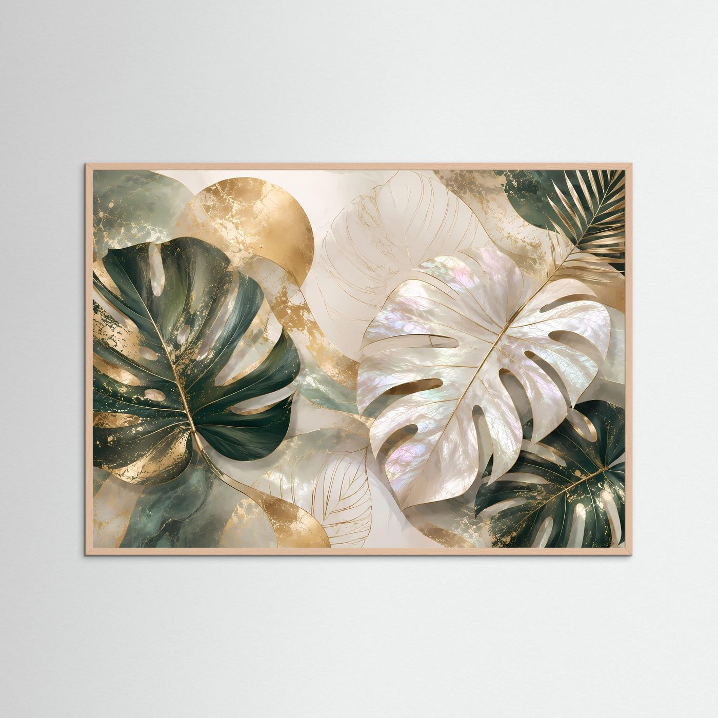 Poster im Querformat mit Monstera-Blättern in Creme, Gold und dunklem Grün, Roséholzrahmen