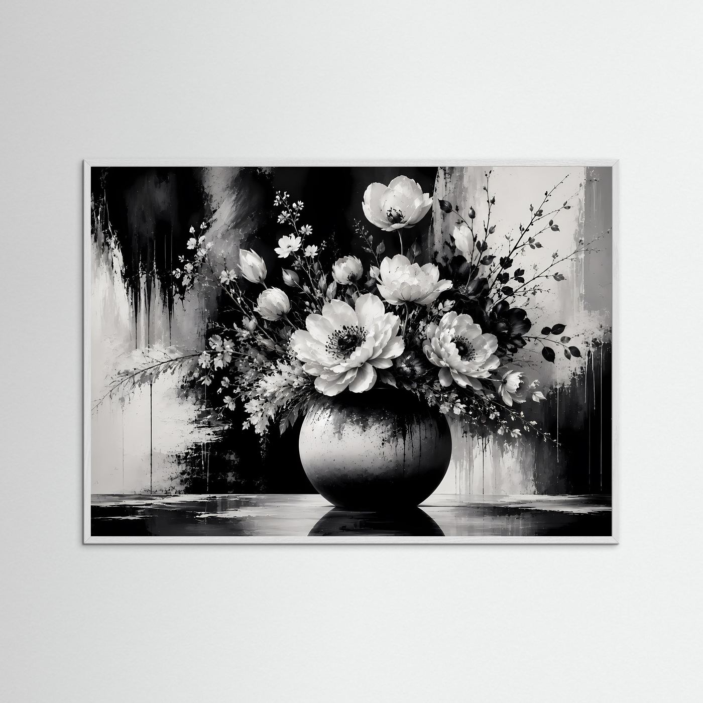 Schwarz Weiß Blumen Poster | Eleganter Blumenstrauß in Vase | Moderne Florale Wandkunst | Monochromes Wandbild