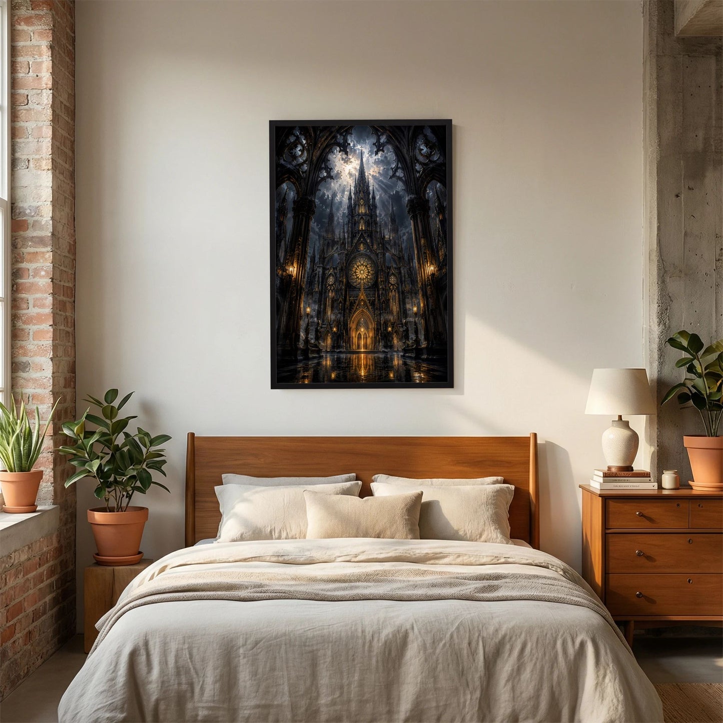 Gotischer Kathedralenposter im Hochformat mit gewölbten Bögen, schwarz-goldenen Licht