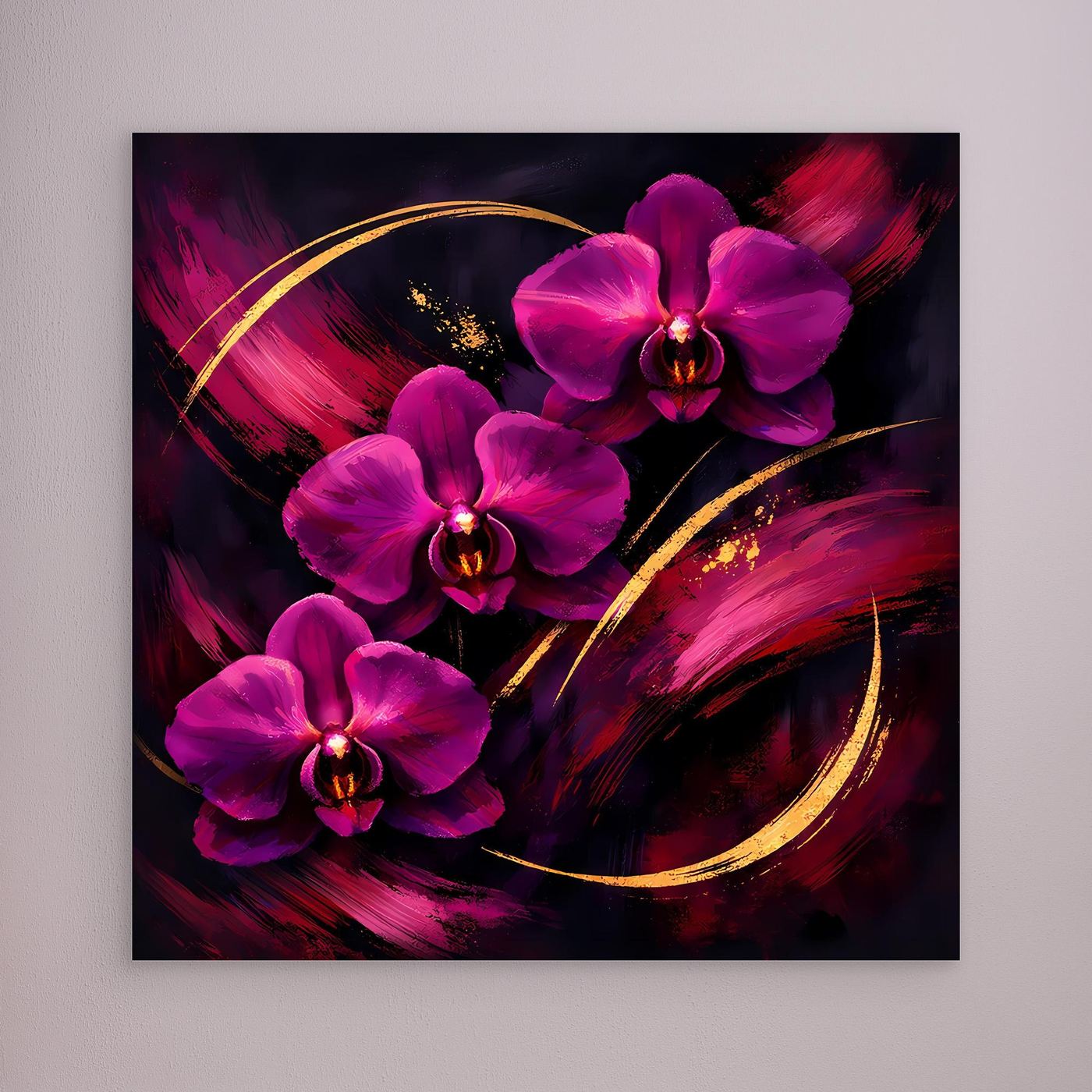 Leinwandbild mit magenta Orchideen und goldenen Bögen, abstraktes Gemälde im schmalen Rahmen