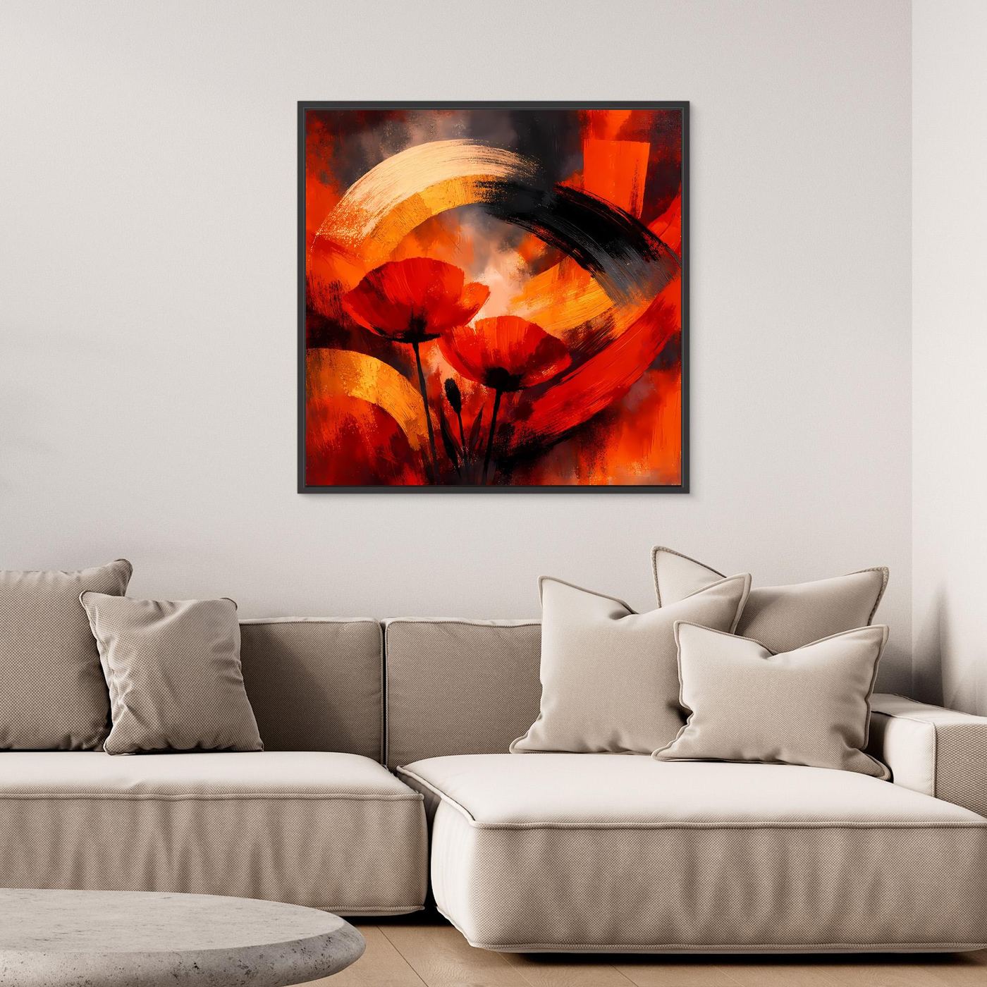 Leinwandbild mit abstrakter Mohnblüte in Rot, Schwarz und Gold, mit schwarzem Rahmen