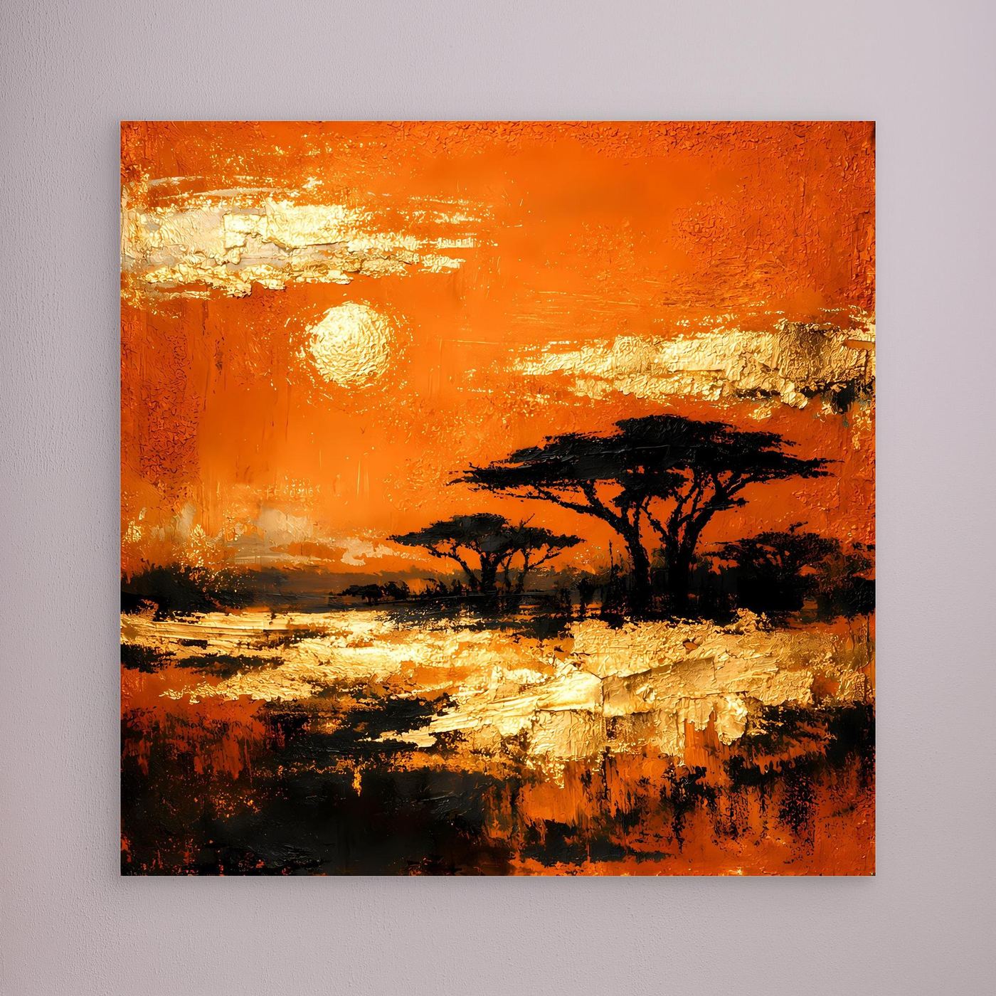 Leinwand Abstraktes Savannen-Panorama | Modernes Afrika Wandbild in Orange und Goldblättern