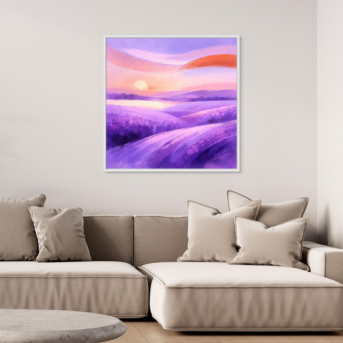 Quadratisches Leinwandbild mit Rahmen, abstrakte Lavendellandschaft in Violetttönen