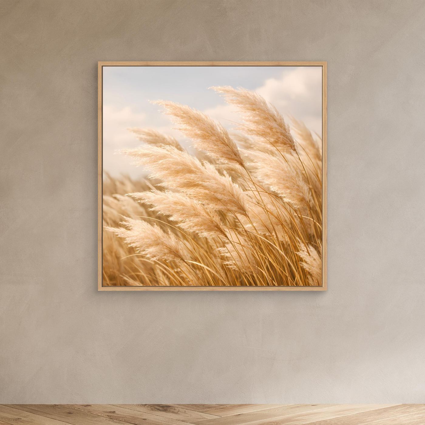 Leinwandbild mit wehenden Pampasgraswedeln in hellem Beige, quadratisch, Eichenrahmen
