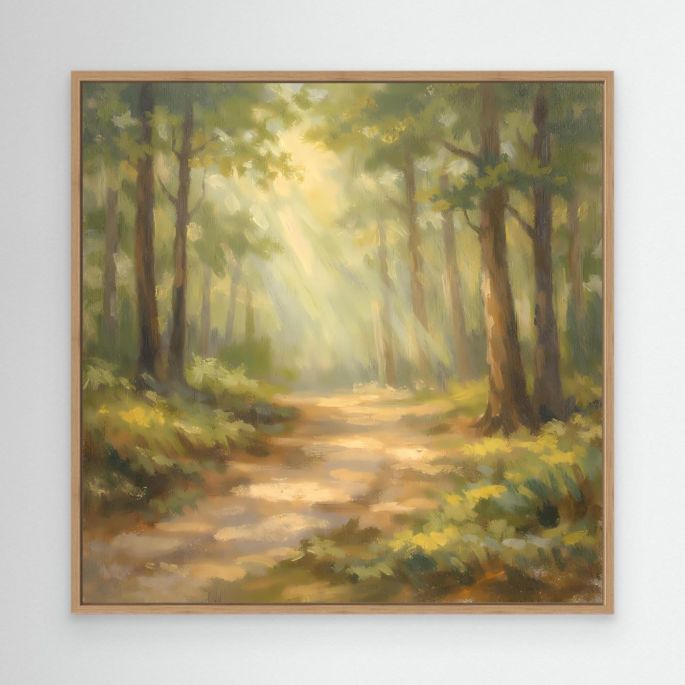 Leinwandbild Waldweg mit Sonnenstrahlen, Eichenholzrahmen