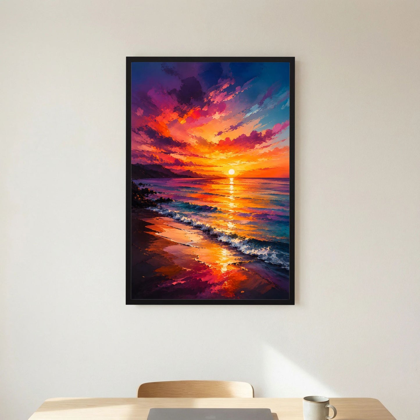 Kunstposter Sonnenuntergang am Meer mit farbenreichem Küstenpanorama, schwarz gerahmt