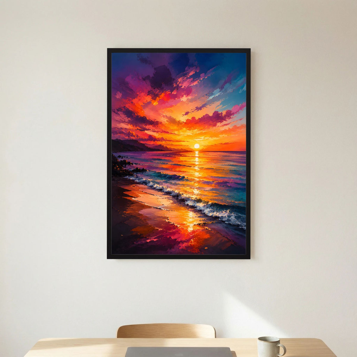 Kunstposter Sonnenuntergang am Meer mit farbenreichem Küstenpanorama, schwarz gerahmt