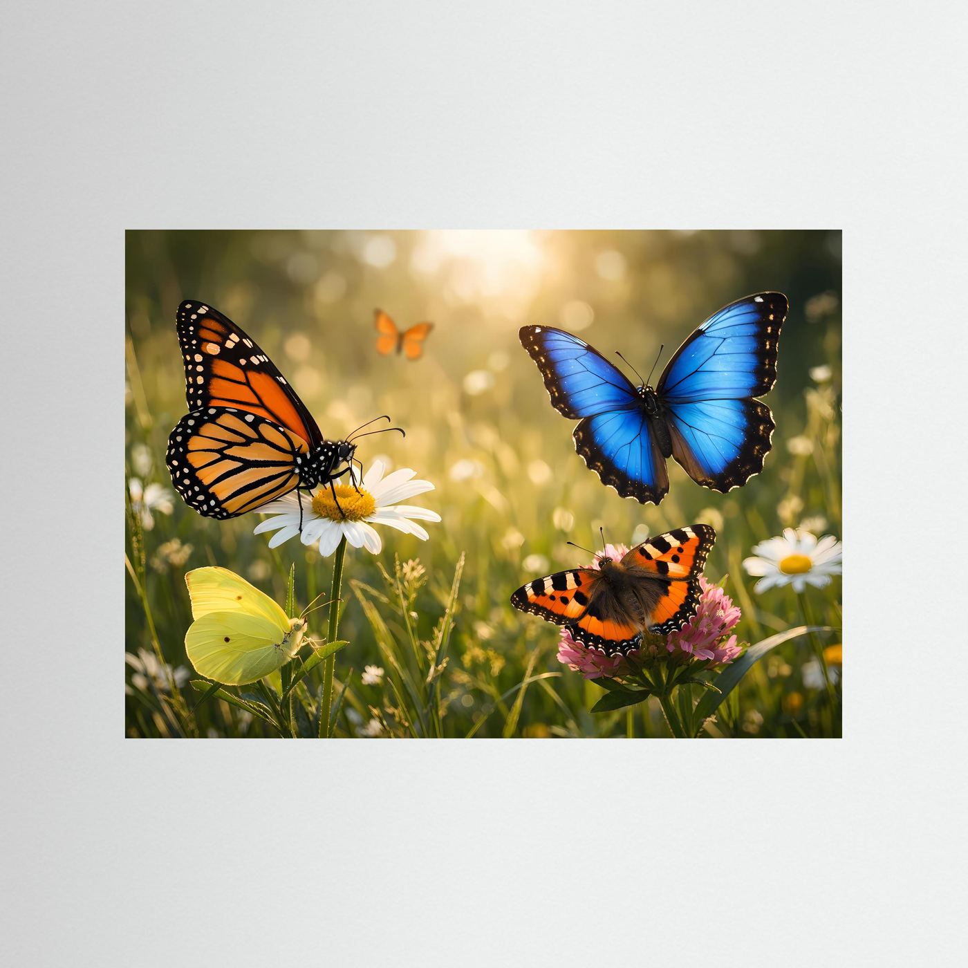Wandbild im Querformat mit Schmetterlingen auf Wiesenblumen