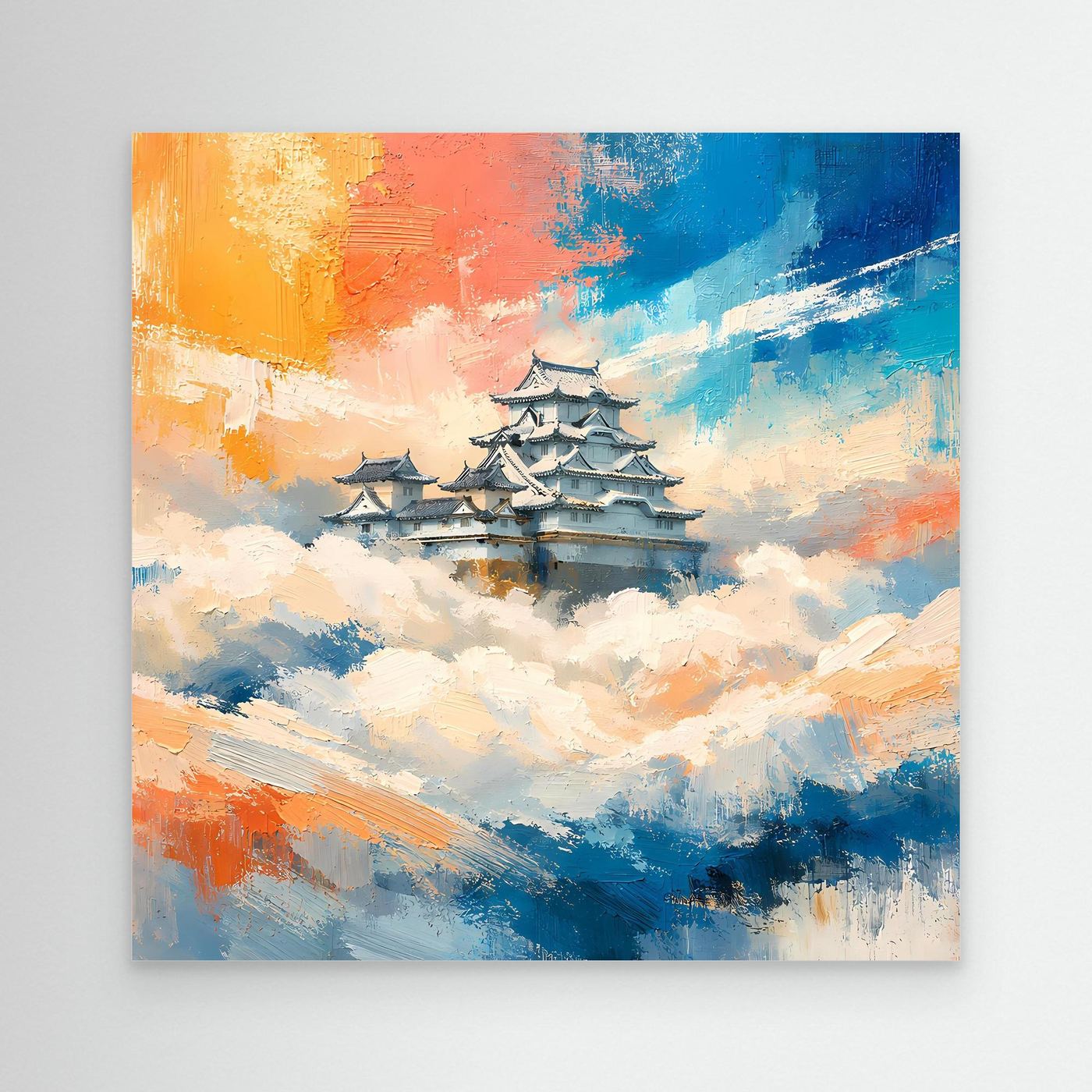 Leinwand Traditionelle Japanische Burg über den Wolken | Fernöstliches Wandbild auf echter Leinwand