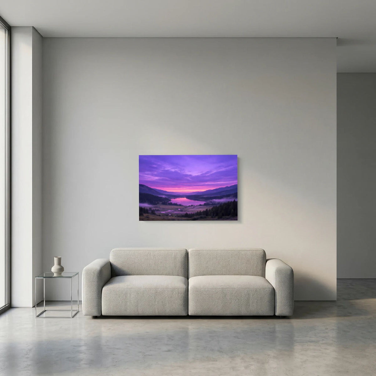 Wandposter im Querformat mit Sonnenuntergang über Flusstal und Bergen