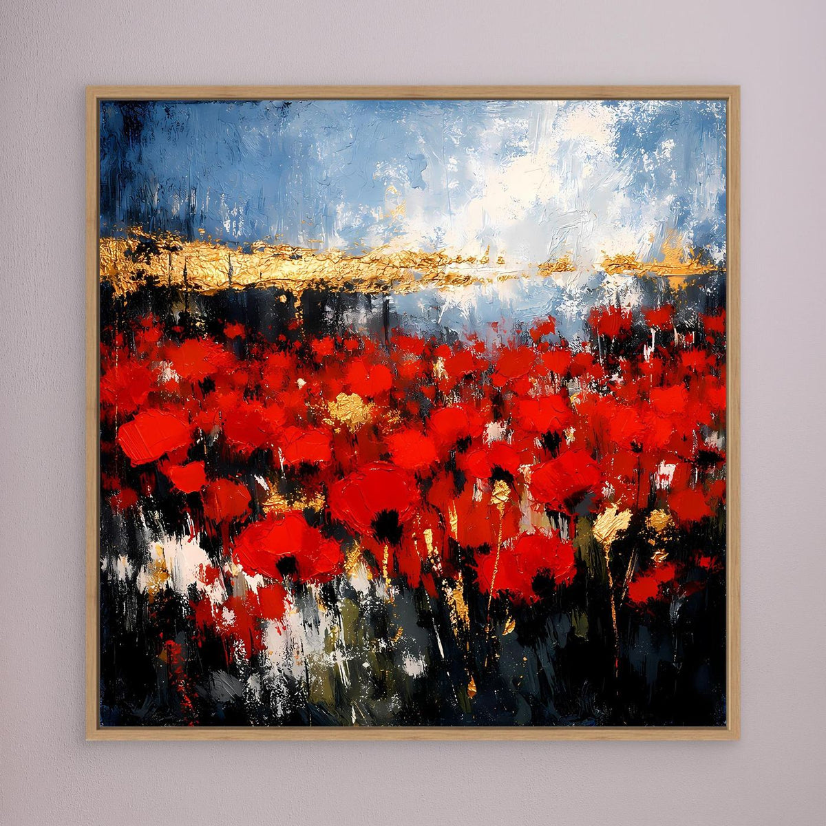 Abstraktes Wandbild: Rot-Blumenfeld, Blauhimmel und Goldstreifen, brauner Holzrahmen