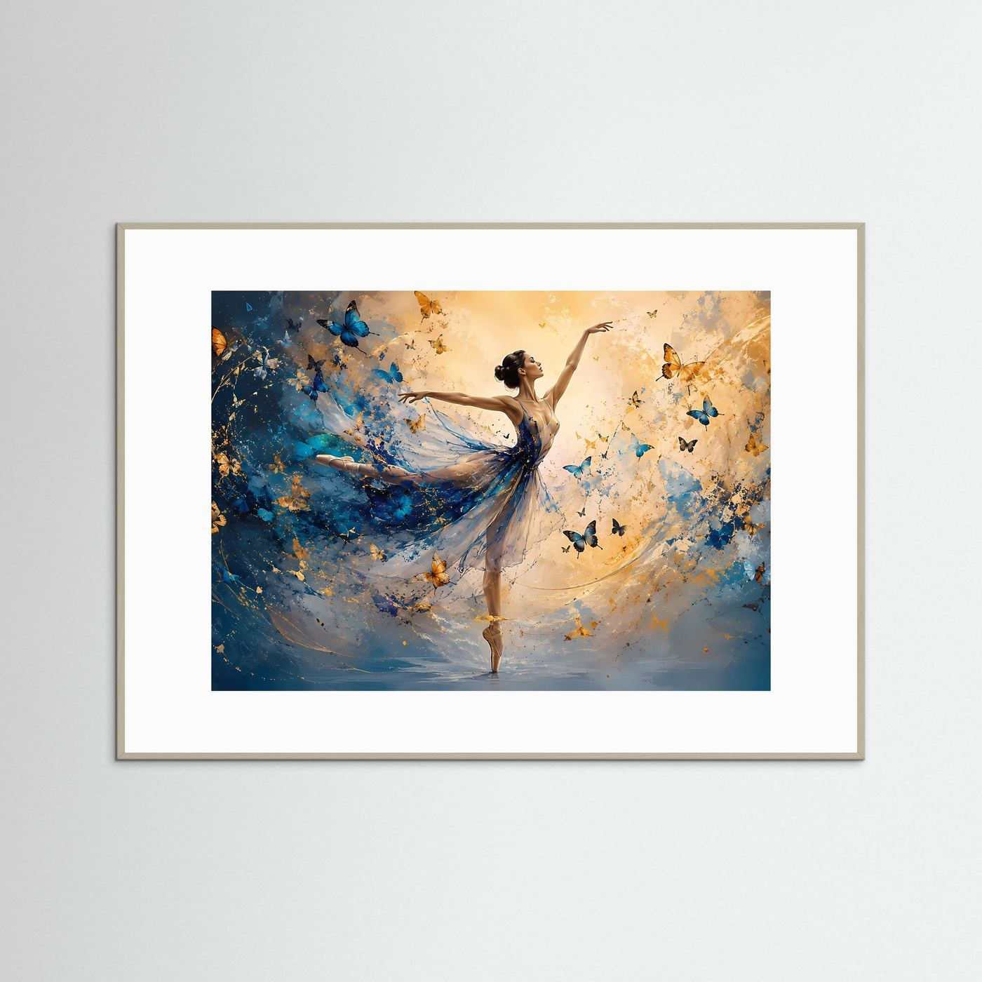 Ballerina mit Schmetterlingen in Blau & Gold | Elegante abstrakte Tanzkunst