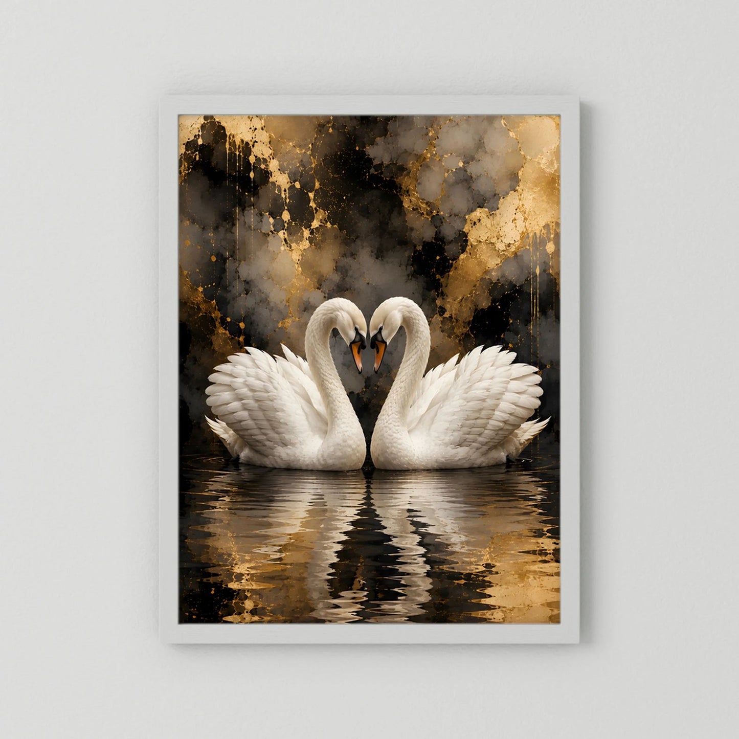 Kunstposter im Hochformat: Schwanenpaar auf Spiegelwasser, ohne Rahmen