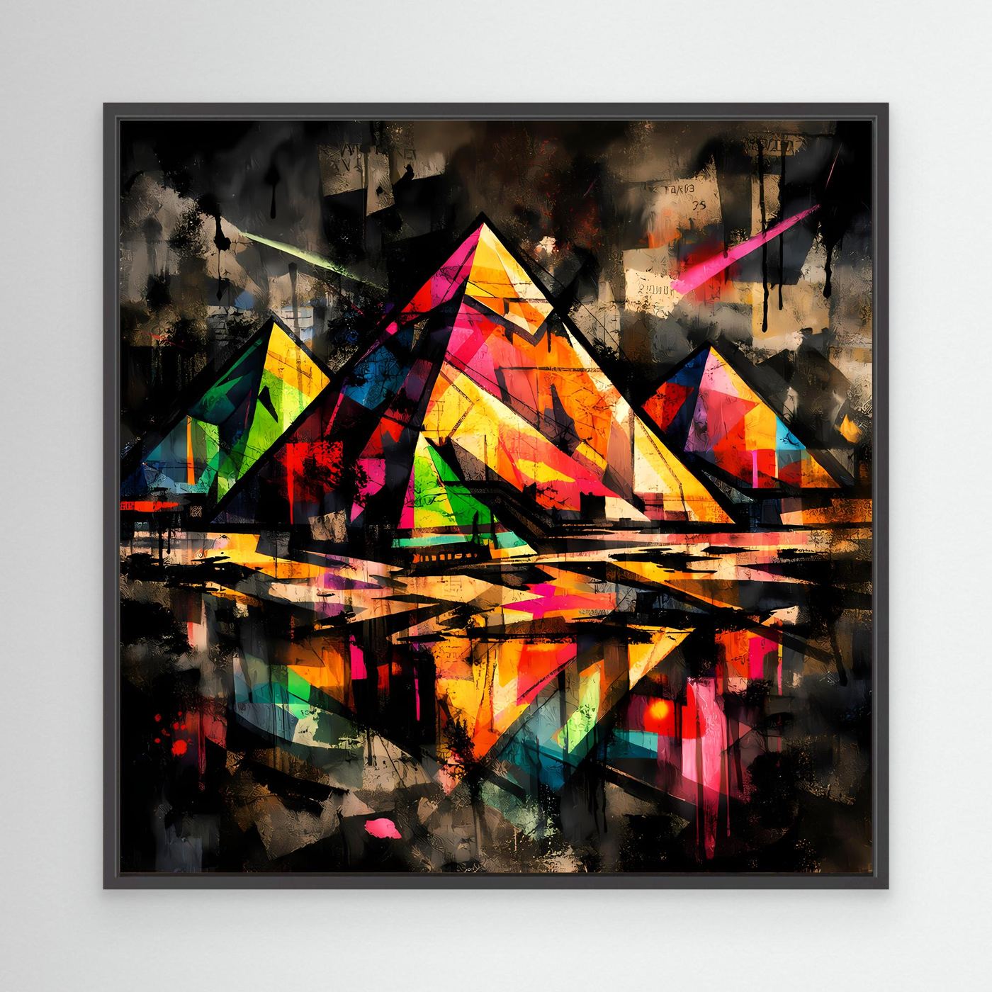 Leinwandbild: abstrakte bunte Pyramiden im Street-Art-Stil, dunkler Hintergrund, schwarzer Rahmen