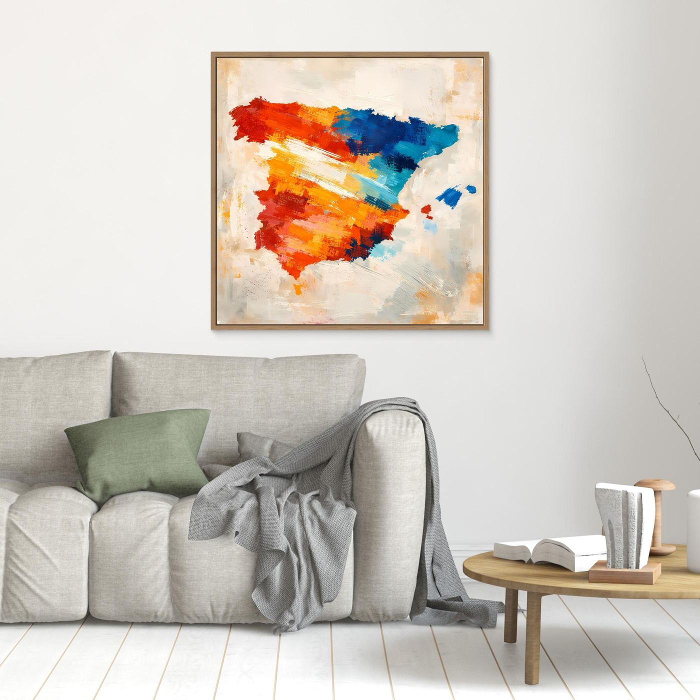 Abstract Spain map wall art with red and blue brush strokes on cream canvas, wooden frame