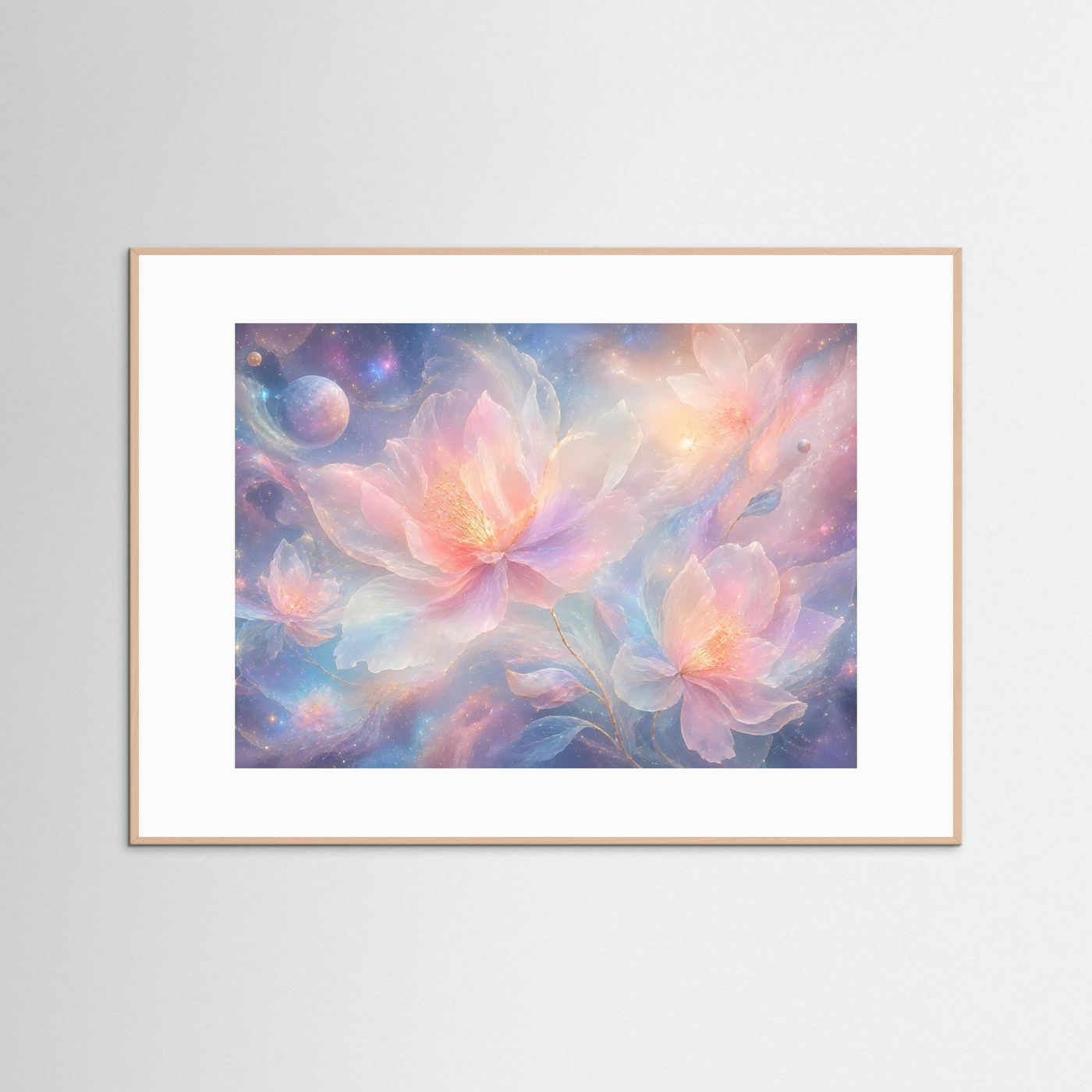 Kosmische Blumen Poster | Pastell Galaxy Wandkunst | Surreale Blumen mit Sternenhimmel | Modernes Fantasy Wandbild