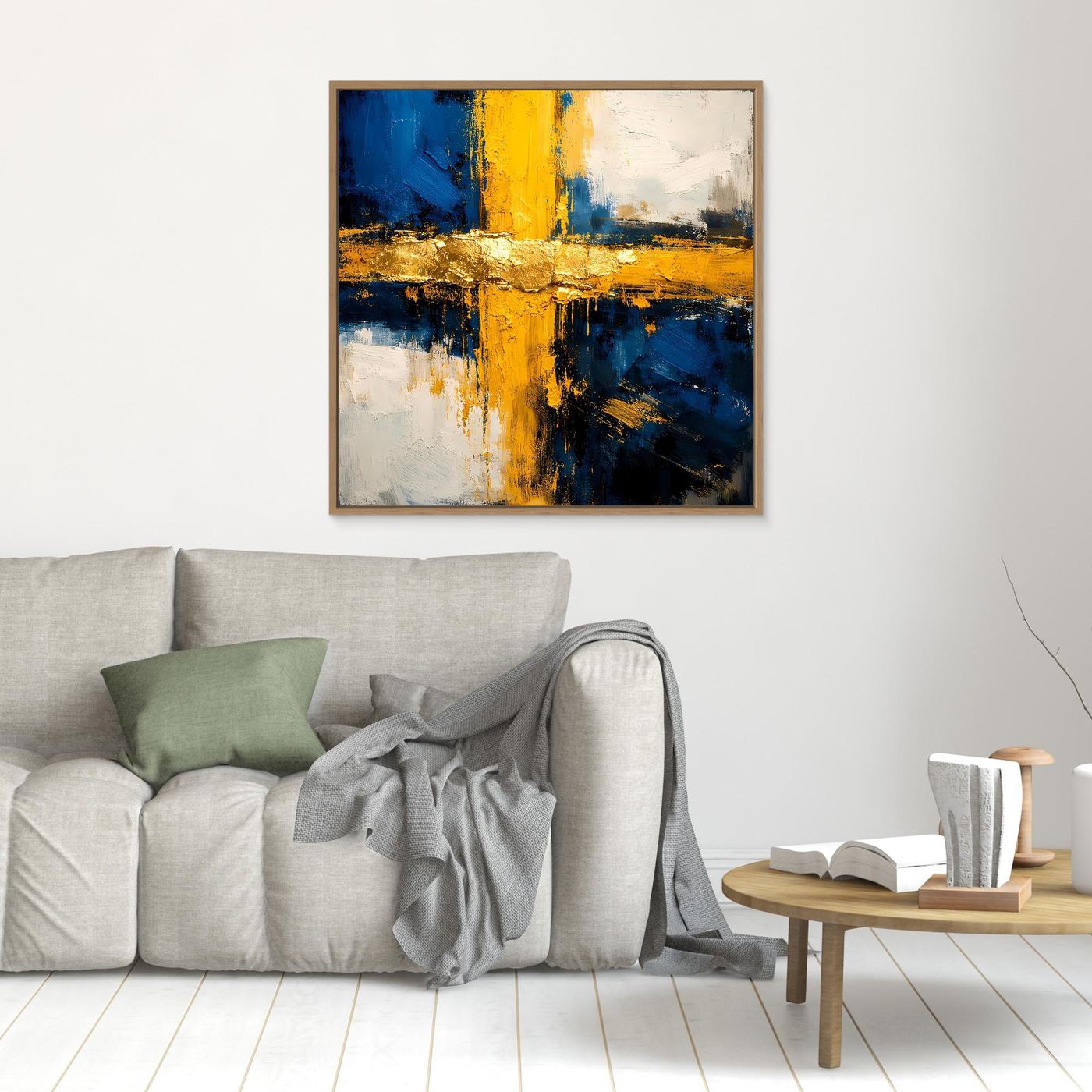 Abstraktes Leinwandbild mit blau-gelben Pinselstrichen und goldenen Akzenten, Eichenrahmen