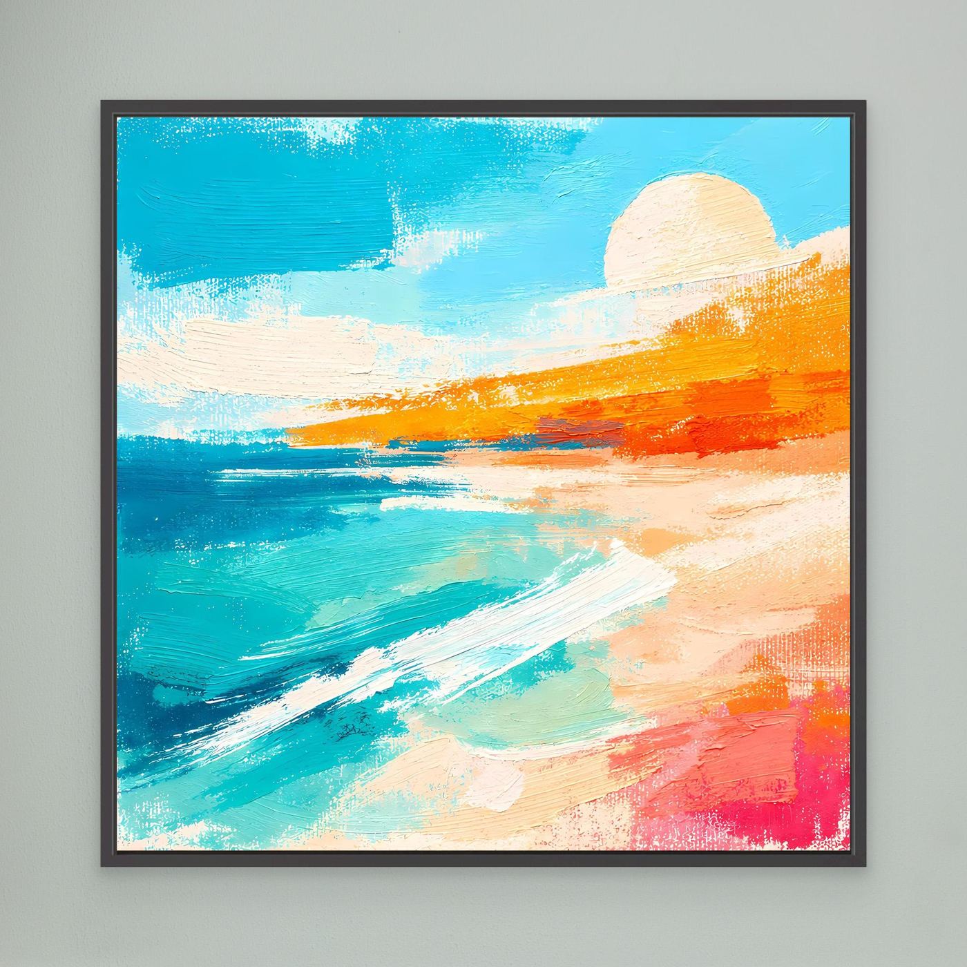 Abstract beach wall art: teal ocean, orange shore, pale sun; black frame
