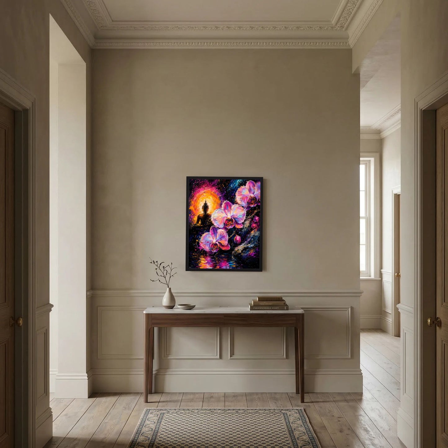 Neon-Kunstposter mit Buddha-Silhouette, Orchideen in Pink/Violett und leuchtenden Farbspritzpunkten