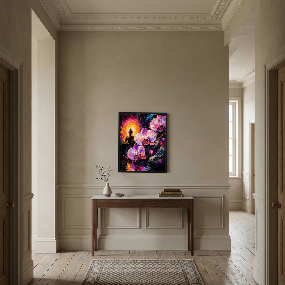 Neon-Kunstposter mit Buddha-Silhouette, Orchideen in Pink/Violett und leuchtenden Farbspritzpunkten