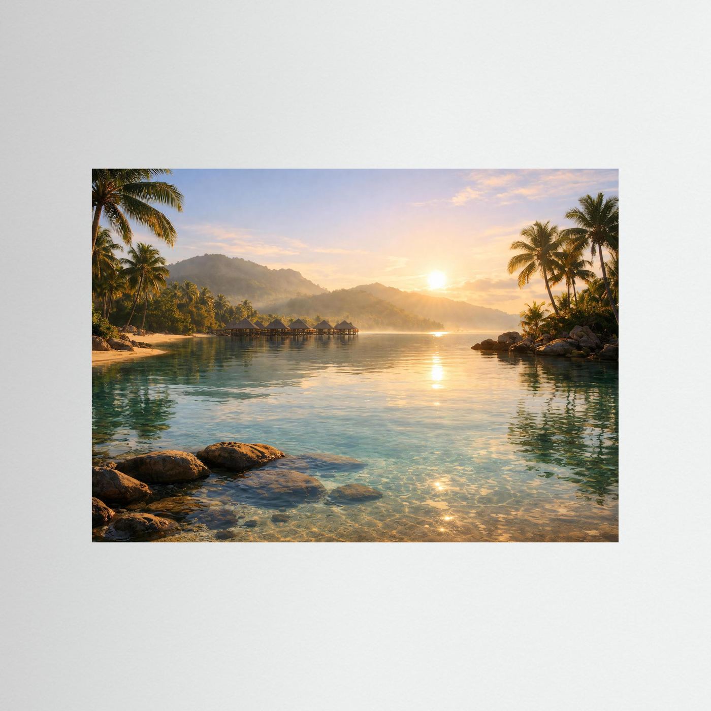 Tropen-Meerblick-Poster im Querformat mit Palmen und Sonnenaufgang über dem Wasser