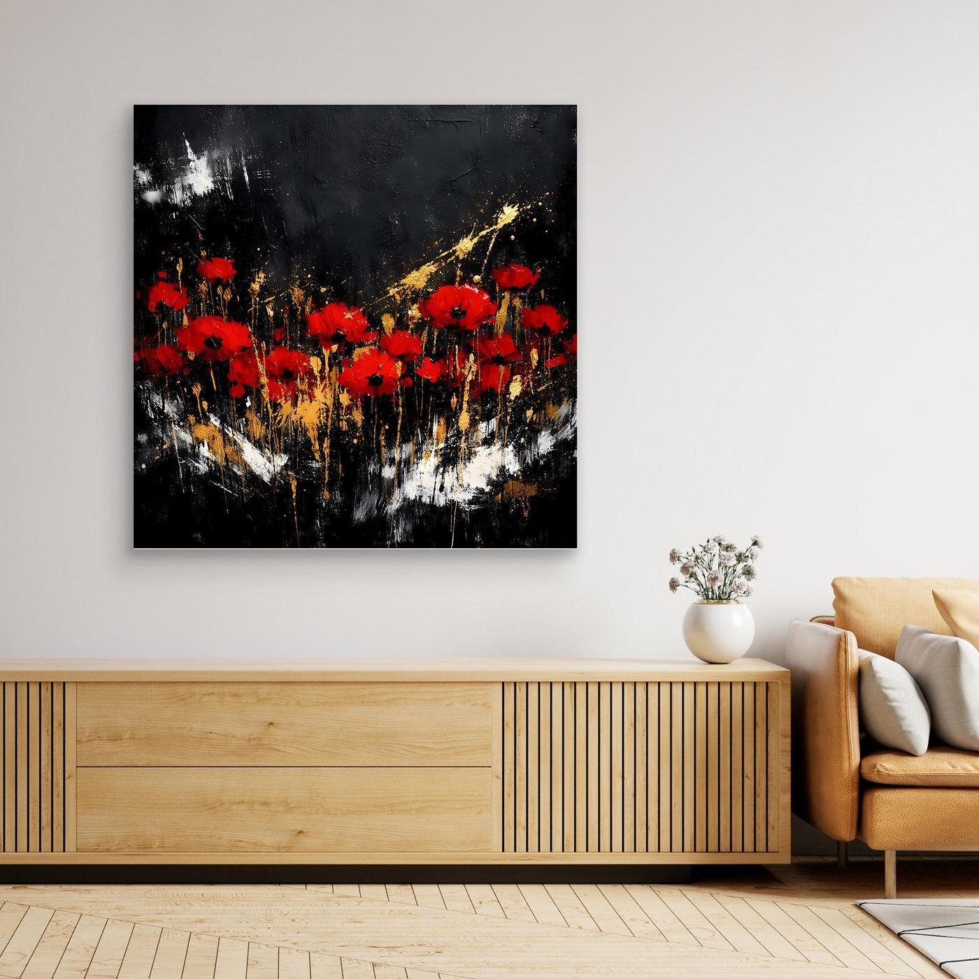 Leinwand Rote Mohnblumen mit Gold-Akzenten | Modernes Florales Wandbild Abstrakt