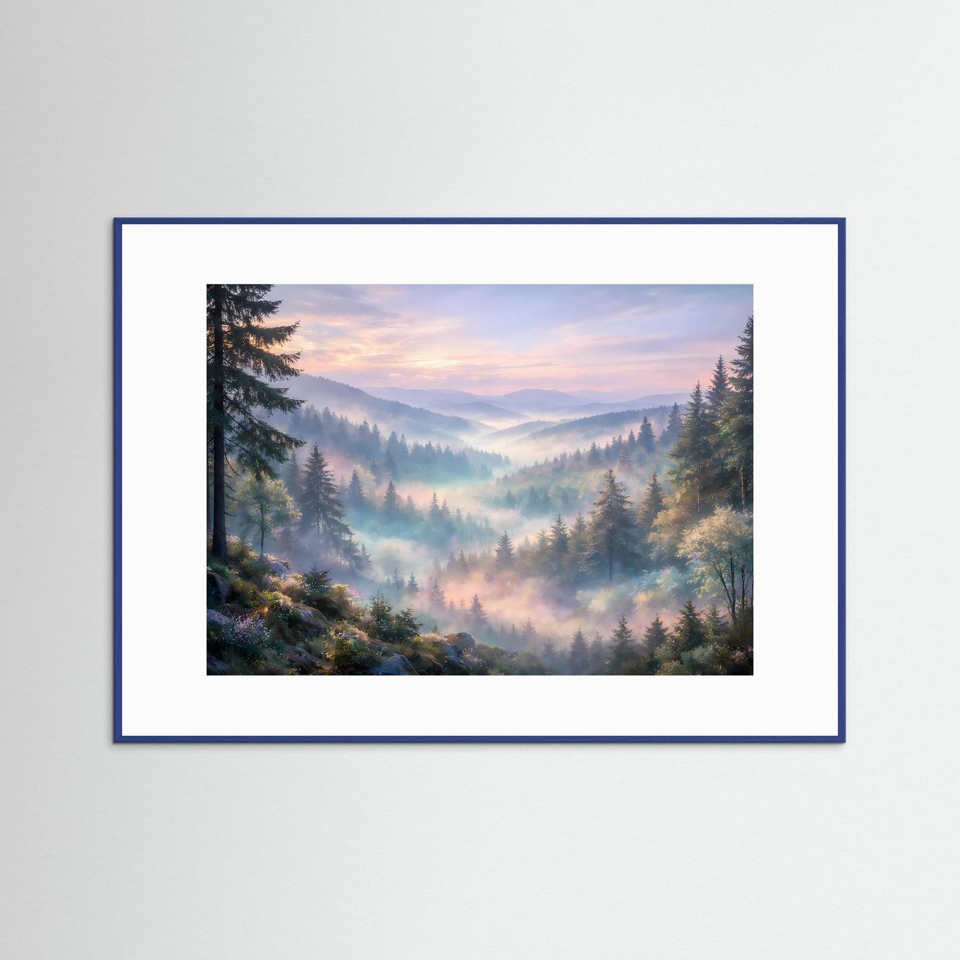 Alpenlandschaft-Wandposter mit Nebel, blauer Holzrahmen