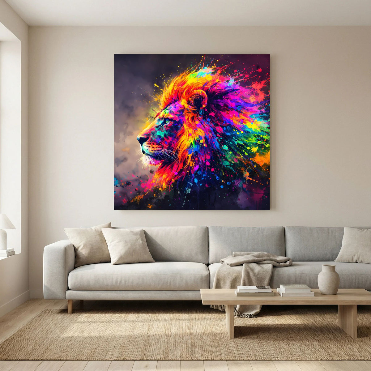 Leinwandbild auf Keilrahmen: Löwe im Pop-Art-Stil mit bunten Farbspritzern