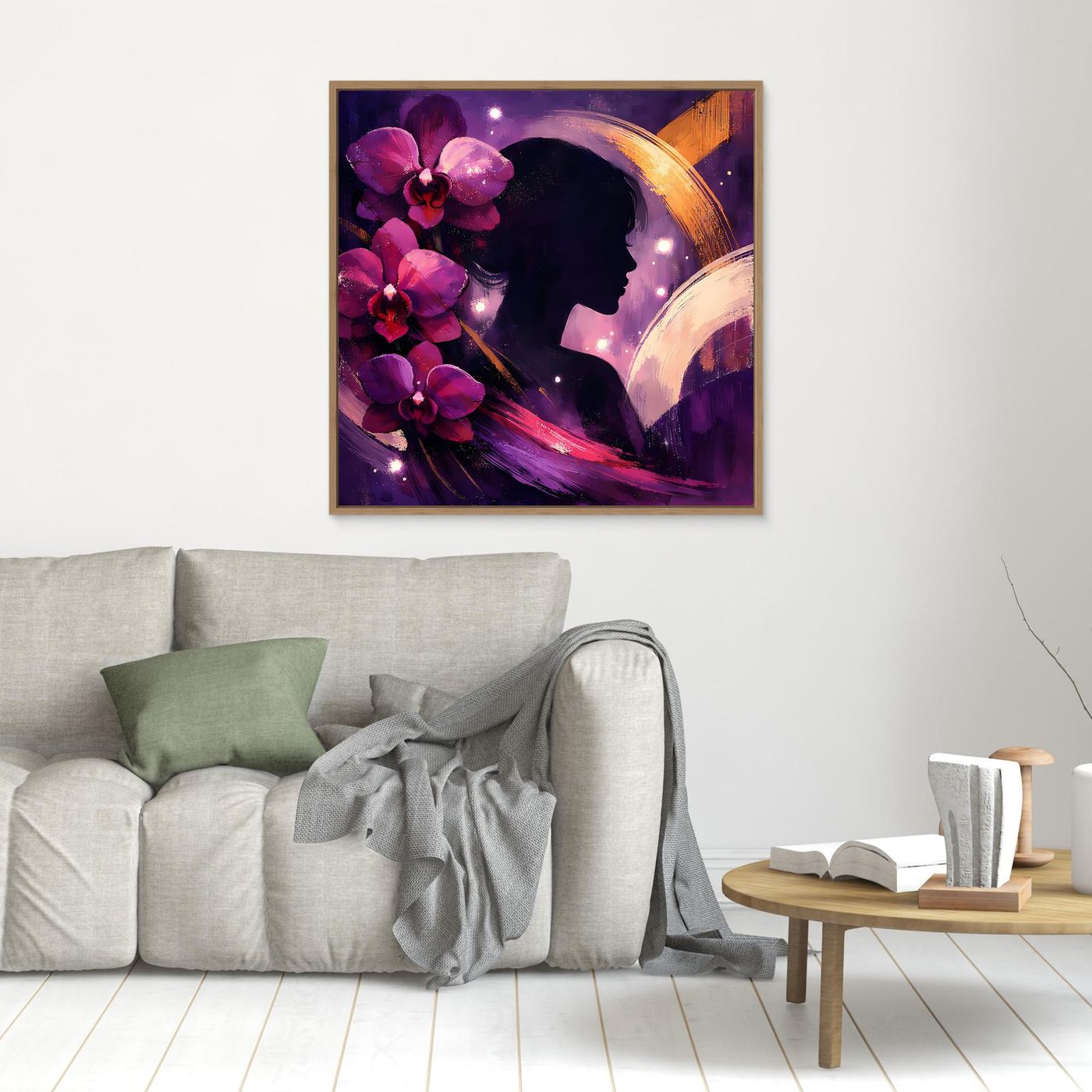 Abstraktes Leinwandbild mit Frauensilhouette und Blumen, braun gerahmt