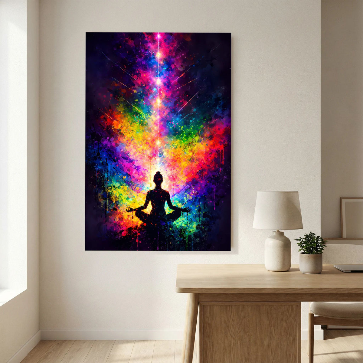 Hochformat-Poster, Meditationsfigur im bunten Regenbogen-Aura-Muster