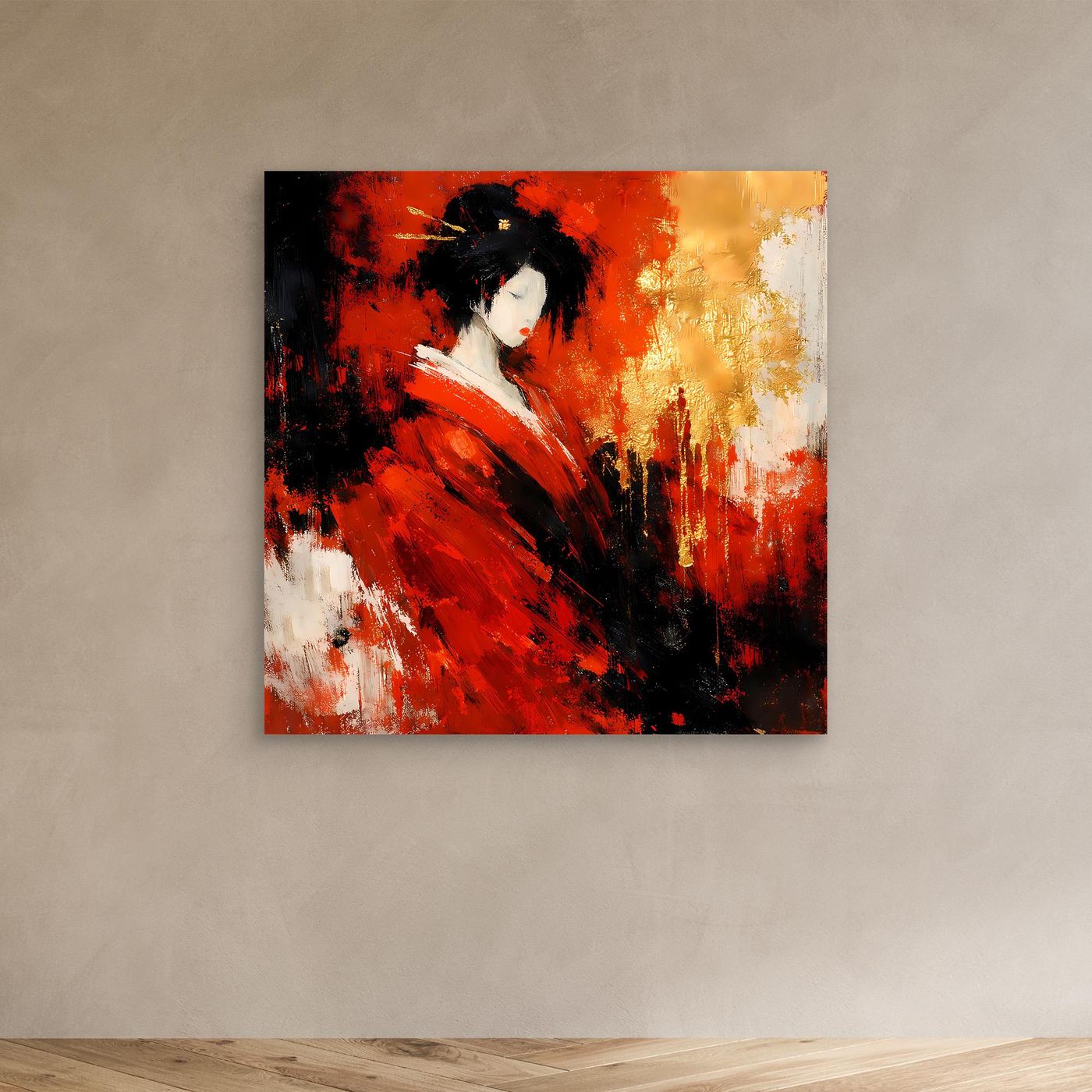 Leinwand Elegante Geisha im Roten Kimono | Abstraktes Asiatisches Wandbild Moderne Kunst