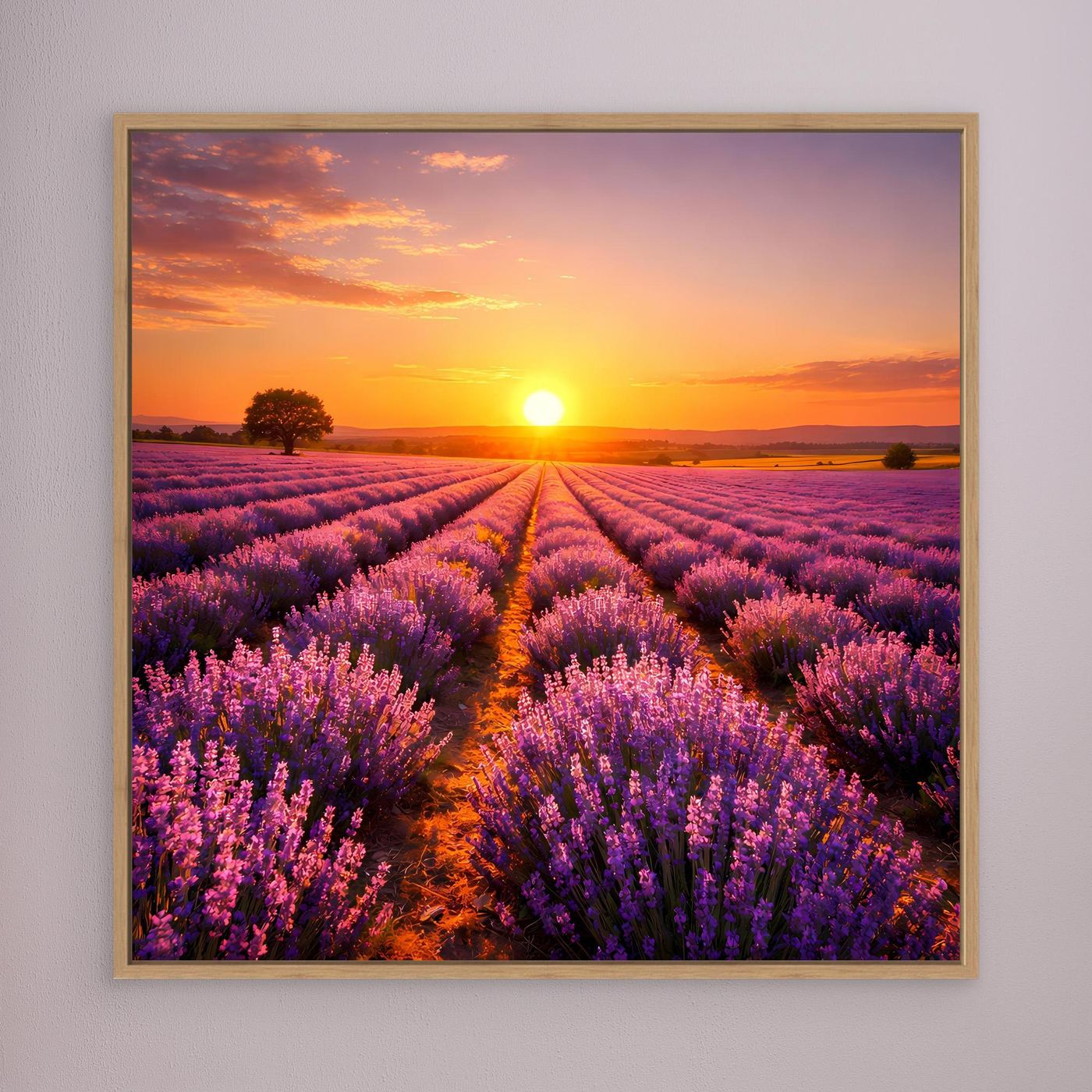 Leinwandbild mit Lavendelfeld bei Sonnenuntergang, beigefarbenes Rahmenprofil