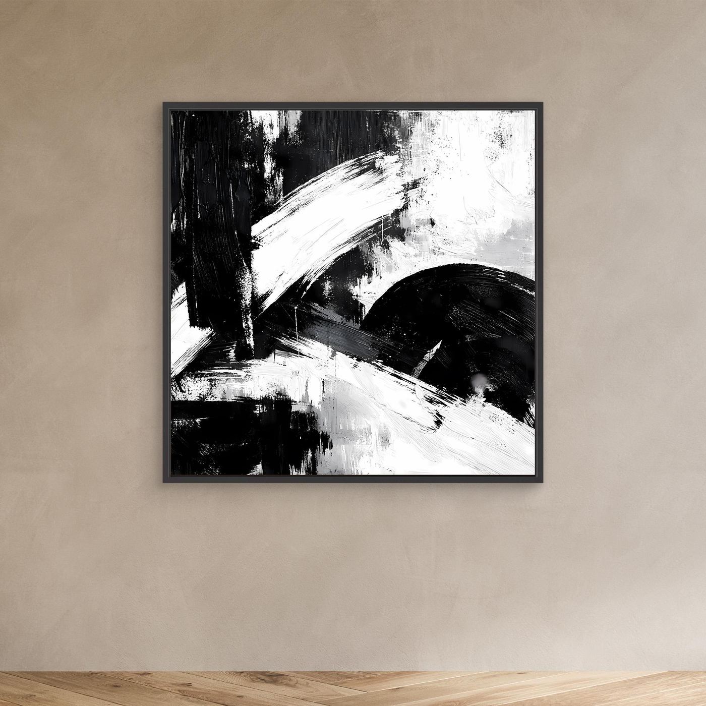 Leinwand-Wandbild mit abstrakten Schwarz-Weiß Pinselstrichen, schwarzer Rahmen