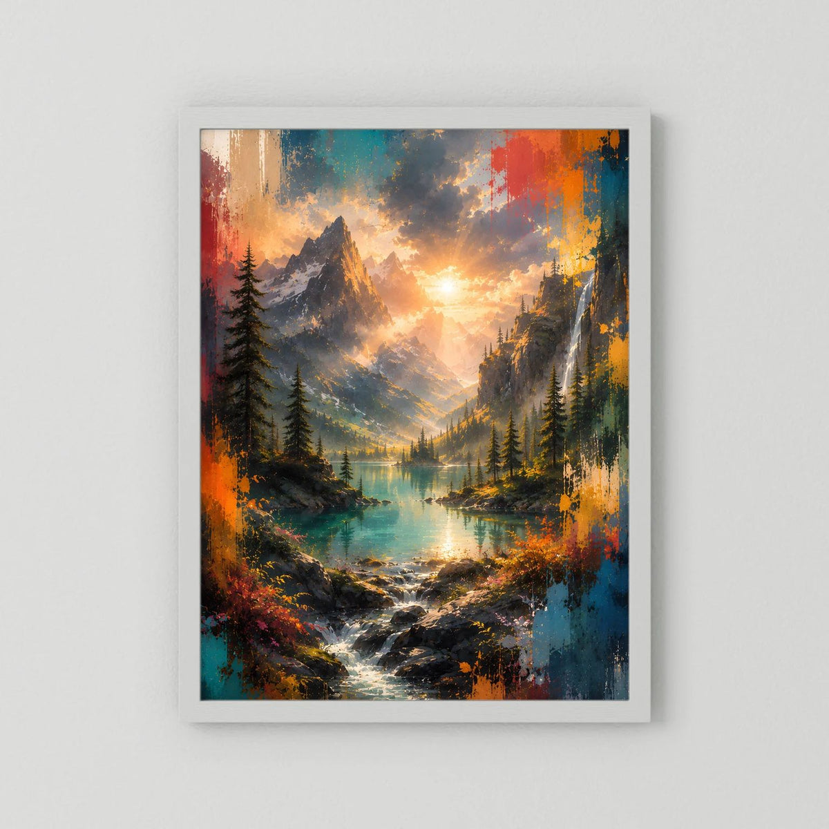 Hochformat-Wandbild mit weißem Rahmen und farbiger Berglandschaft bei Sonnenuntergang