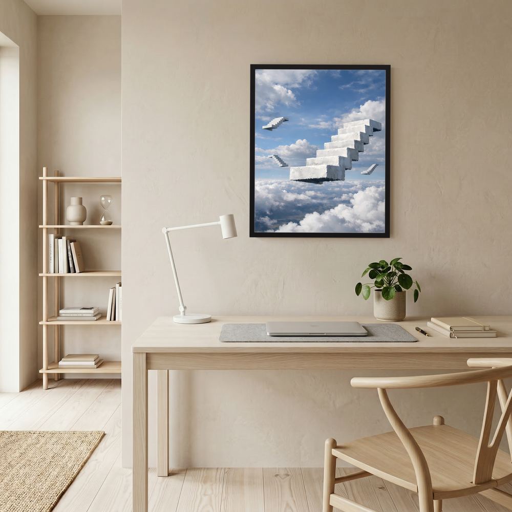 Gerahmtes Poster mit schwebenden weißen Treppen über Wolken über hellem Schreibtisch